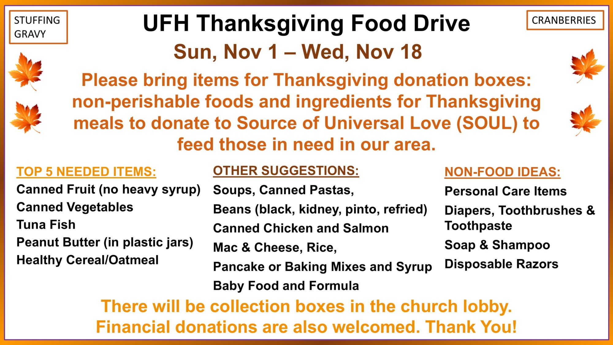 thanksgiving food drive slide 11 01 26 thru 11 18 26
